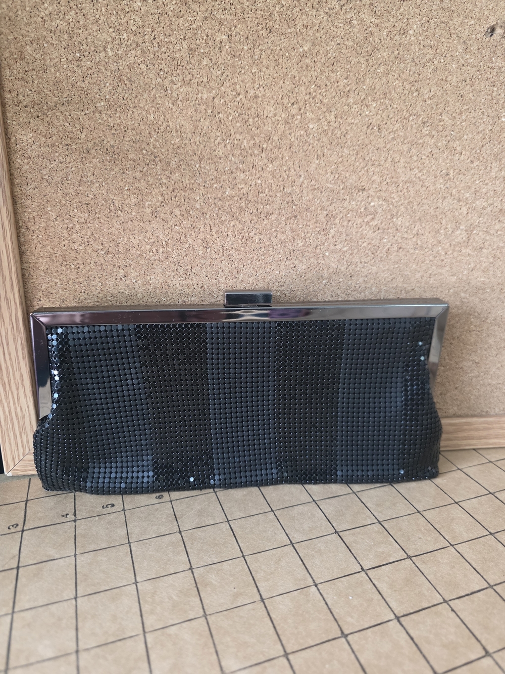 Black Beaded Mesh Evening Clutch Purse with Silver Frame